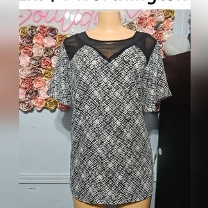 Worthington Black and White Printed Mesh Yoke Blouse